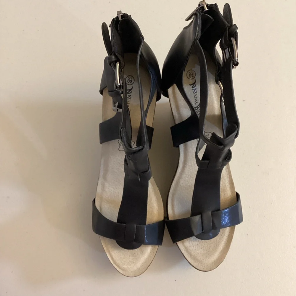 Nature Breeze 8.5 Gladiator Black Wedge Leather Sandals Women’s Cork Shoes